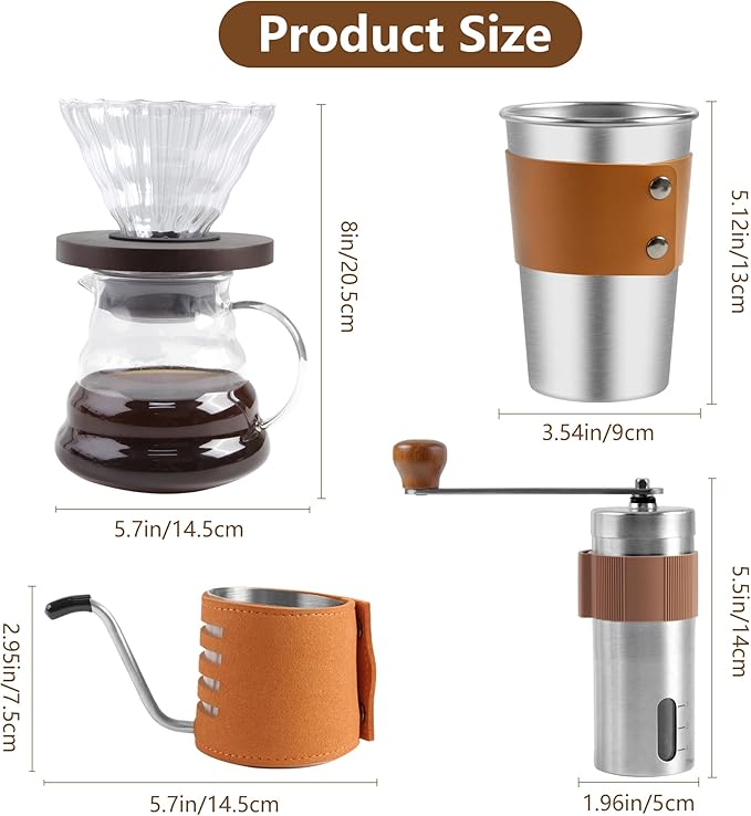 LHS Pour Over Coffee Maker Set - All in One Pour Over Coffee Kit, Travel Pour Over Coffee Dripper, Manual Coffee Maker Set Grinder Brewer Dripper and Cup Set, Anniversary Birthday Gift Sets