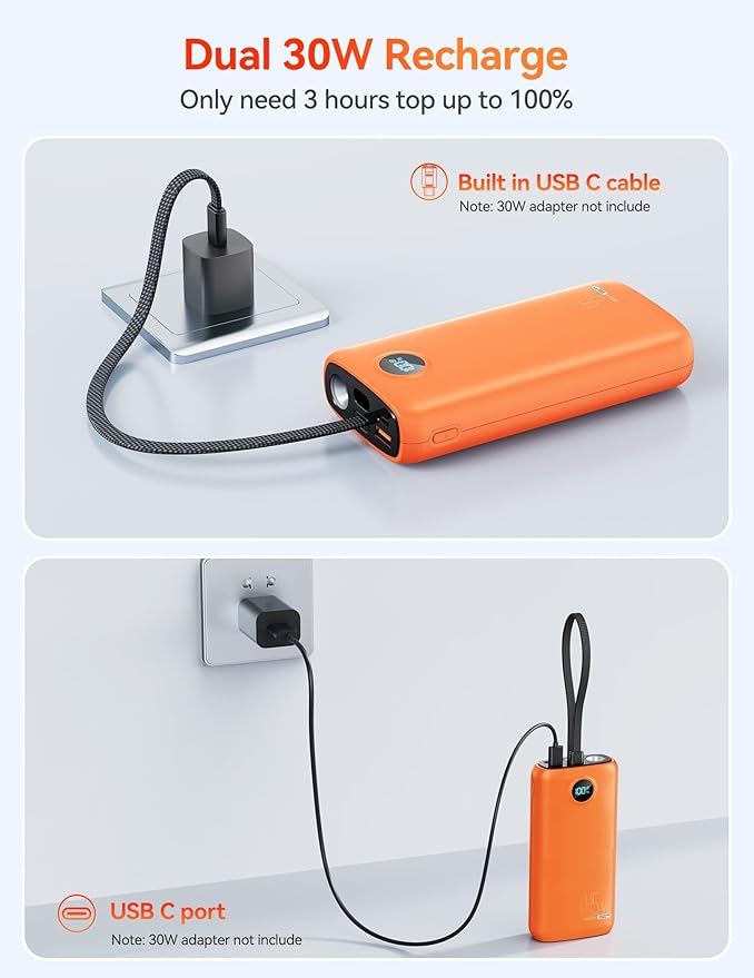 Portable Charger, 45W 20000mAh Power Bank with in/Out Fast Charging USB C Cable, 3W Flashlight, LED Display, Portable Battery Pack Travel Essentials for iPhone 17/16/15, Android Phone, Tablet, Laptop