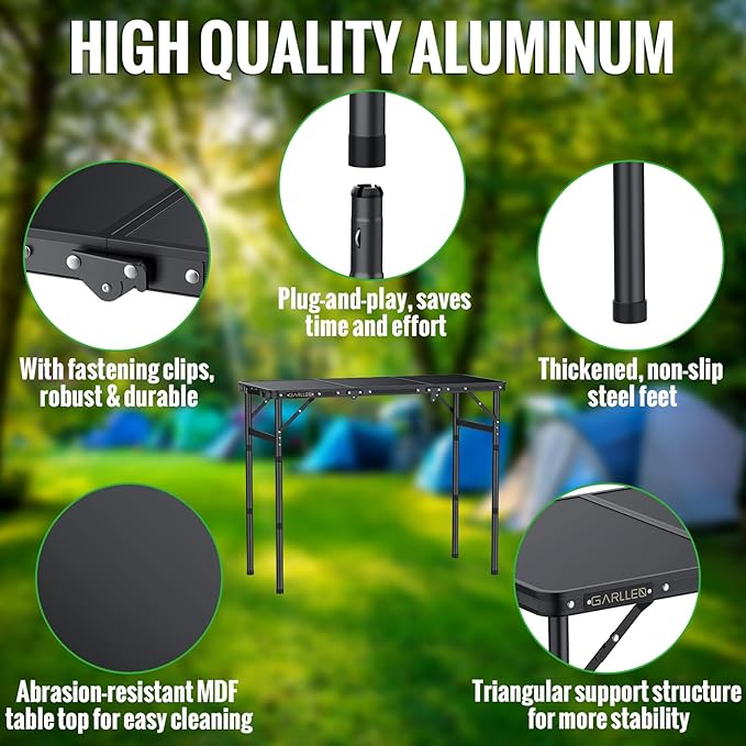 GARLLEN Folding Camping Table Max 27.5", 3-Height Adjustable Portable Camping Table with Carrying Bag, Lightweight Aluminum Folding Picnic Tables for BBQ, Travel, Outdoor, 34.2" L x 15.7" W