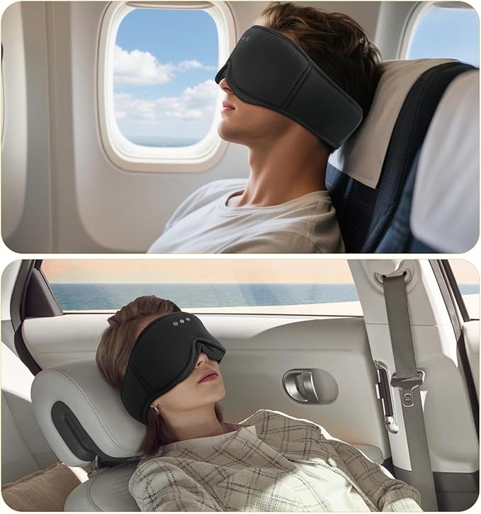 Bamboo Cotton Large Sleep Mask with Bluetooth Wireless Headphones - Blackout Eye Mask for Sleeping 3D Contoured Sleep Headband Ear Muffs Lengthen & Low Noise Hook for Better Experience (Black)
