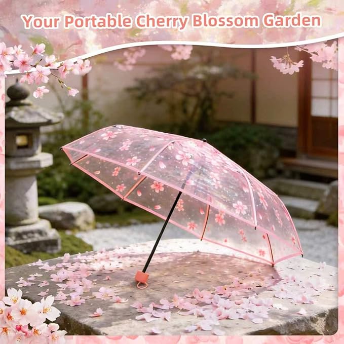 6 Pack Cherry Blossom Umbrella Clear Folding Travel Transparent Floral Rain Umbrellas For Adult Kids Girls Romantic Flower Wedding Decoration Auto Open Umbrella