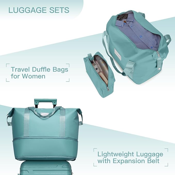 6 Piece Luggage Sets with Bags, Lightweight Expandable Checked Luggage Sets, Hardshell ABS Spinner Wheels Carry on Suitcase with TSA Lock, for Travel, Women Men (Aqua Blue, 18/20/24/28inch+2bags)