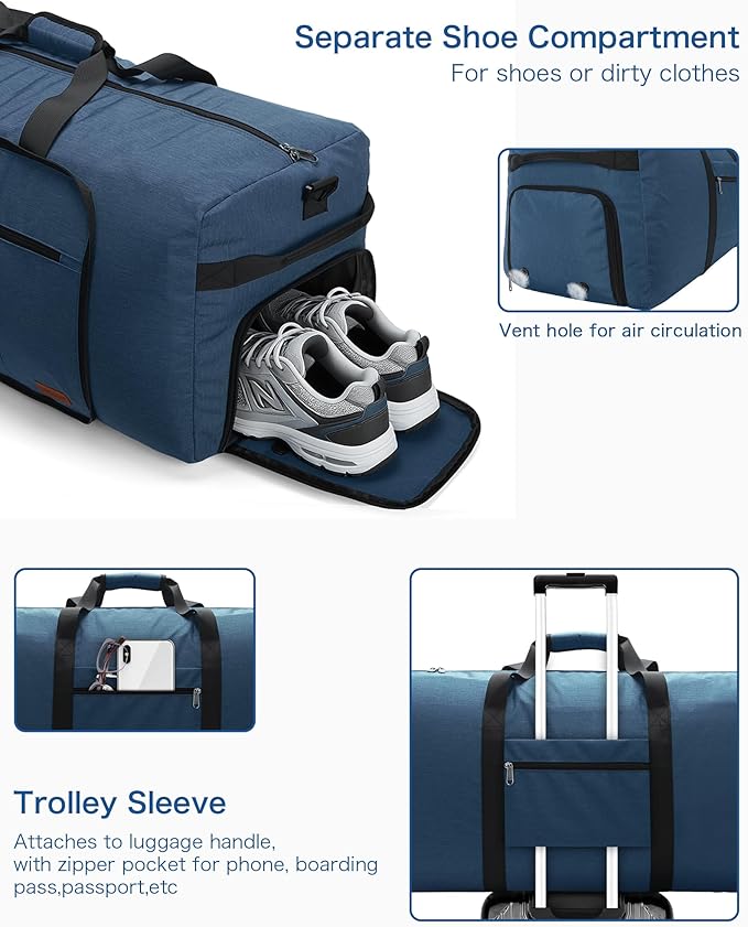 80L EXTRA LARGE Duffle Bag for Travel, 26" Foldable Travel Duffel Bag with Shoe Compartment for Men Women, Waterproof & Tear Resistant (Dark Blue, EXTRA LARGE, 80L)