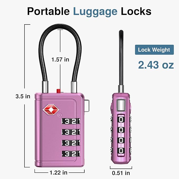 Puroma TSA Approved Luggage Travel Locks with Open Alert Indicator, 4 Digit Combination Resettable Code Zinc Alloy Lock for Suitcase, Backpack, Bag, Toolbox, Locker (2 Pack, Rose Purple)