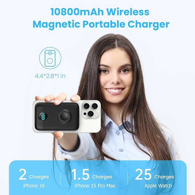 Magnetic Portable Charger with Apple-Watch Charger,10800mAh 25W PD Fast Charging Wireless Power Bank,4 Outputs Travel Essential for Magsafe Battery Pack Compatible with iPhone 17/16/15/14/13/12 Series