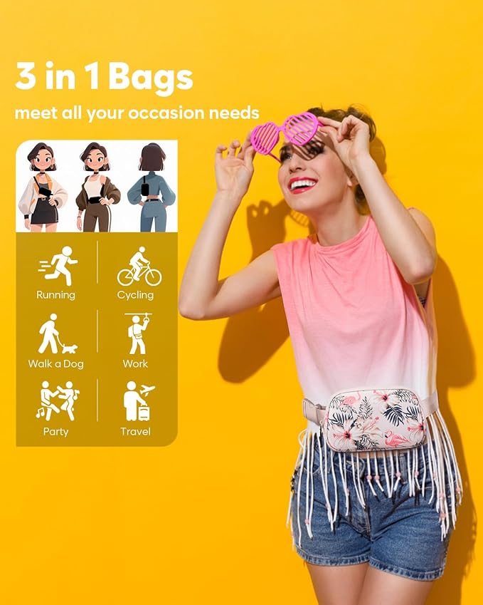 Pritent Fanny Packs for Women Cross Body Bag Waterproof Belt Bag with Adjustable Strap and Zipper Back Pocket Small Crossbody Bags Fashion Waist Packs for Workout Travelling(Flamingo Print)