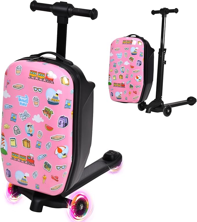 smilesun 4-in-1 Detachable Scooter Luggage for Kids & Teens, Foldable Hardside Ride On Suitcase with LED Wheels, Stylish and Safe Design(Pink)