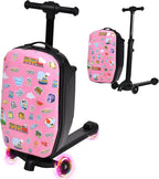 smilesun 4-in-1 Detachable Scooter Luggage for Kids & Teens, Foldable Hardside Ride On Suitcase with LED Wheels, Stylish and Safe Design(Pink)