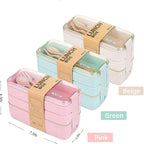 Rarapop Green Stackable Bento Lunch Box Kit, 3-In-1 Compartment Wheat Straw Lunch Containers with Tableware, Reusable On-the-Go Meal and Snack Containers