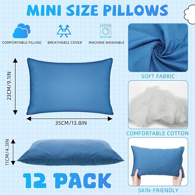 Kigley 12 Pack Mini Pillows for Daycare 9.1 x 13.8'' Small Travel Pillow Bulk Soft Breathable Cotton Pillow for Nap Travel Pet Neck Lumbar Purse Insert (Deep Blue)