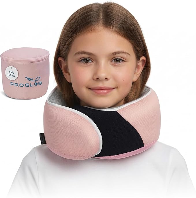 Proglobe Junior Kids Travel Neck Pillow - Ergonomic Memory Foam Pillow for Airplane, Car, Booster Seat - Soft, Washable, Compact Travel Pillow with Strap - Light Pink - Ages 4-13