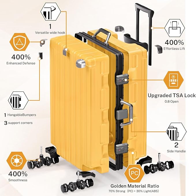 Krute Aluminum Frame Luggage 28 Inch Checked Suitcase with Spinner Wheels TSA Approved No Zipper Hard Shell Luggage PC+ABS Travel Suitcase Yellow