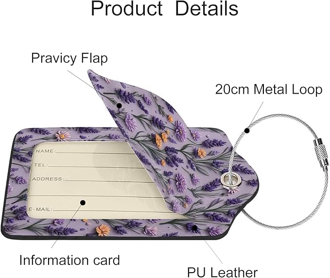 2 Pack Luggage Tags for Suitcases, PU Leather Bag Tag with Privacy Cover Address Card Travel Essentials-Purple Lavender Flower
