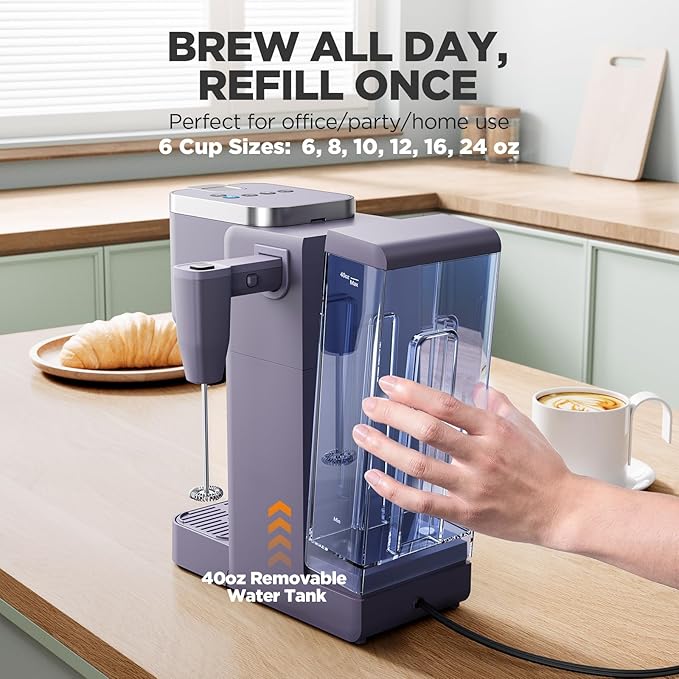 Tastyle Single Serve Coffee Maker with Built-in Detachable Milk Frother, Iced and Hot Coffee Machine for K Cup & Grounds, 40oz Removable Water Reservoir, 6 Cup Sizes, Fits 7.3" Travel Mug, Purple
