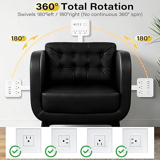 Electrical Outlet Extender, 360° Rotating Wall Outlet with Power Switch, 3 AC Outlets, 3 USB-A & 1 USB-C, Extends 17"-26", Use for Hard-to-Reach Outlets Behind Couches, Nightstands, Desks, Beds