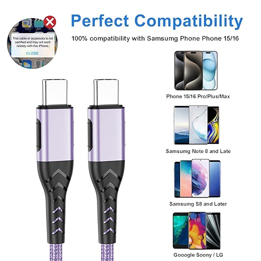 Durcord USB C to USB C Cable, 2Pack 100W 6ft USB C Charger Cable Fast Charging for Android/Phone/Pad, Type C to Type C Charger Braided USB Cable Compatible with Phone 16/15 Pro Plus Max Purple