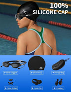 7 in 1 Swim Goggles + Swim Cap for Men Women,No Leak Anti-Fog & UV, Wide Visio HD Mirror PC Lens
