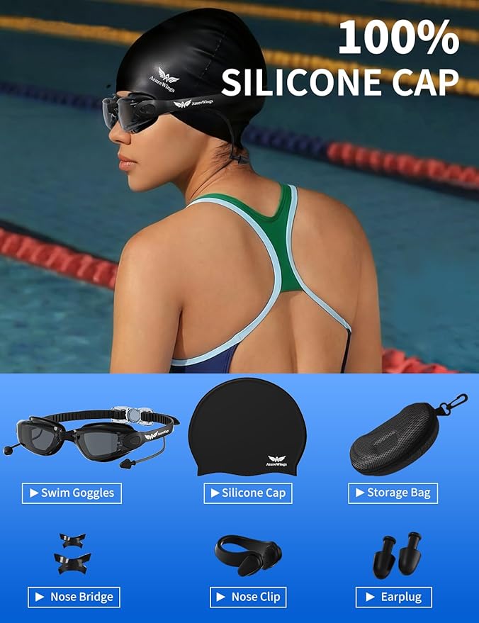 7 in 1 Swim Goggles + Swim Cap for Men Women,No Leak Anti-Fog & UV, Wide Visio HD Mirror PC Lens