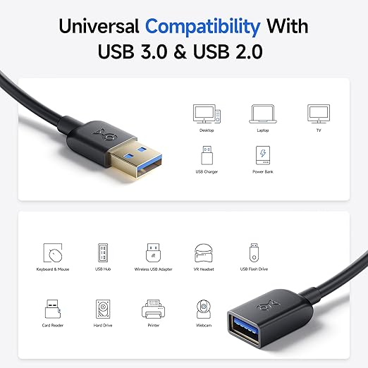 Cable Matters 5Gbps Long USB Extension Cable - 10ft, USB 3.0 Extension Cable, Male to Female USB3.0 Extender, Compatible with Webcam, VR Headset, Printer, Hard Drive, Black