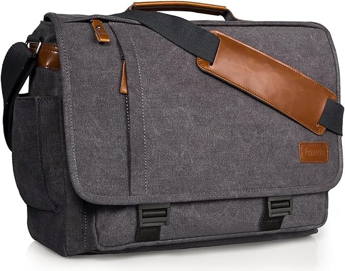 ESTARER Men Messenger Bag 17-17.3 Inch Laptop Bag Water-resistant Canvas Computer Shoulder Bag Briefcase for Work College Travel, Grey