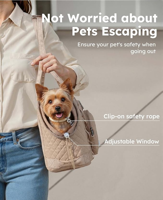Pecute Dog Purse Carrier, Dog Carrier with Pockets for Small Dogs, Fits Dogs 5 lbs to 9 lbs, Cat and Puppies Tote Bag, Outing, Travel, Vet, Khaki