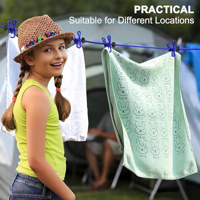 Portable Travel Clothesline, Adjustable Elastic Travel Camping Retractable Clothesline with 12pcs Clips for Outdoor and Indoor Use (Blue)