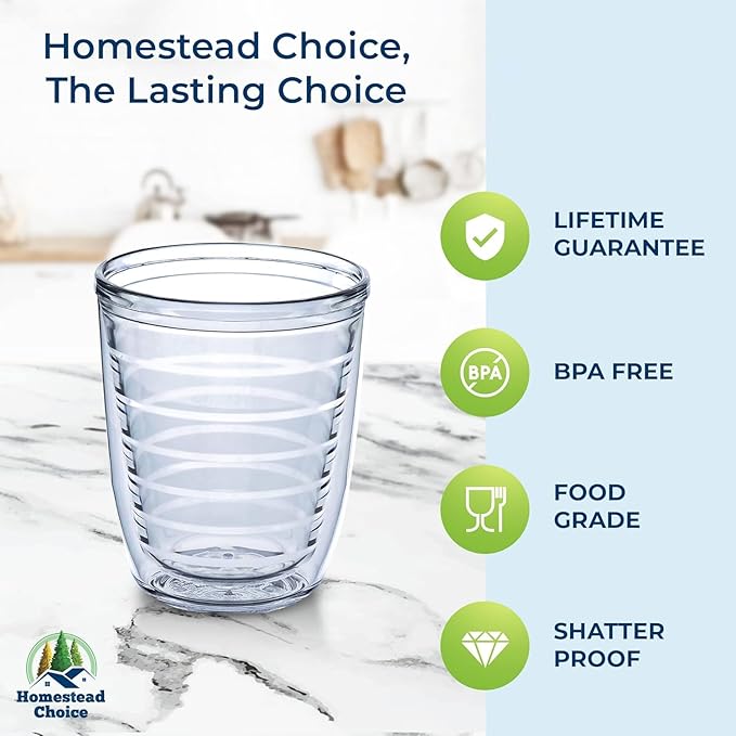 12oz Insulated Tumblers Plastic - Great for Iced Coffee & Hot Drinks, 4 pack Clear Double Wall Insulated Drinking Glasses Cups, BPA-Free, Reusable Cups, Camping, Travel, Kitchen, Party