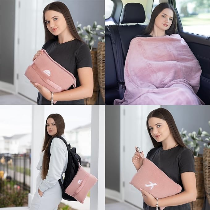 BlueHills Premium Soft Mini Plush Travel Blanket Value Pack Set of 2 - Airplane Travel Essential Flight Blanket Throw in a case with Strap Compact for Car Plane Travel Gift –Pink and Teal Blue.