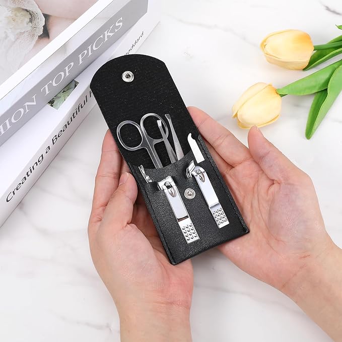 7 Pcs Travel Manicure Set Nail Clipper Set Gifts for Men & Women Fingernail Grooming Kit, Travel Clipper Kit with Nail Care Tools Beauty Scissors Tweezers PU Black Leather Pouch