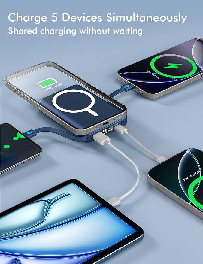 podoru for Magsafe Battery Pack, 10000mAh Magnetic Power Bank Built-in Double USB C Cables 20W PD Fast Charging LED Display Wireless Portable Charger for iPhone 17/16/15/14/13/12 Series-Navy Blue