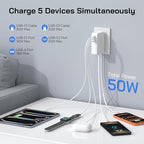 5-in-1 Retractable Wall Charger with Dual Cables, 50W Retractable Phone Charger with Dual 3.3FT USB C Cables, 30W Fast Charging Block Wall Plug for iPhone 17 16 15 Pro Max, G-alaxy S26 S25, i Pad