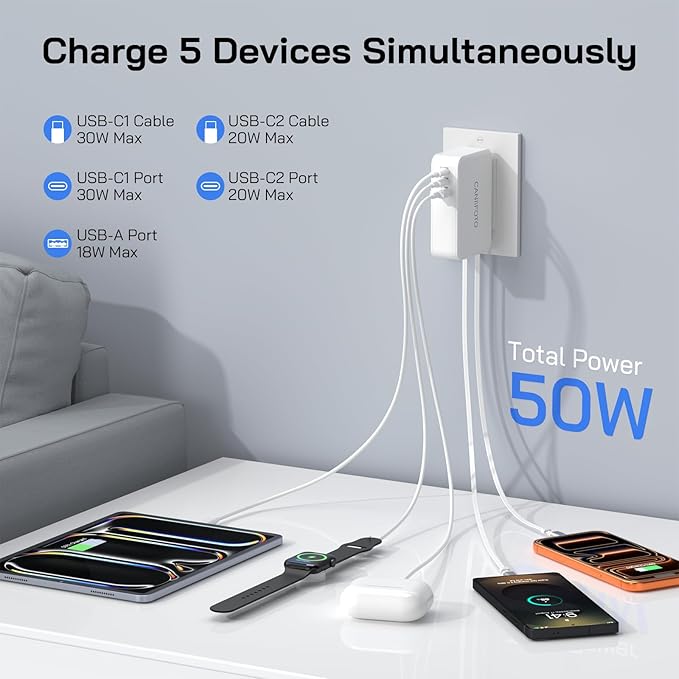 5-in-1 Retractable Wall Charger with Dual Cables, 50W Retractable Phone Charger with Dual 3.3FT USB C Cables, 30W Fast Charging Block Wall Plug for iPhone 17 16 15 Pro Max, G-alaxy S26 S25, i Pad