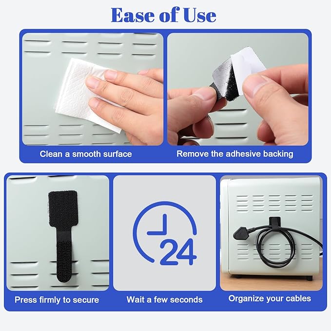 100 Pcs Hook and Loop Cable Ties, Self Adhesive Cable Management Desktop Cable Straps, Adjustable Cord Organizer for Desk Home Office Organization (Black)