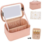 Makeup Bag With LED Mirror, Lightweight Travel Makeup Bag With 3 Color Setting Light Up Mirror Cosmetic Makeup Organizer Vanity Case for Women Beauty Tools Accessories Rechargeable Train Case-Pink