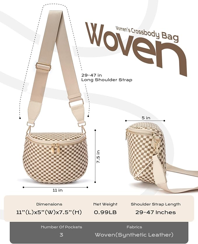 Trendy Woven Checkered Crossbody Bum Bag for Women，PU Leather Checkered Purse Fanny Packs Belt Bag (Woven Bum Bag - Khaki Beige)