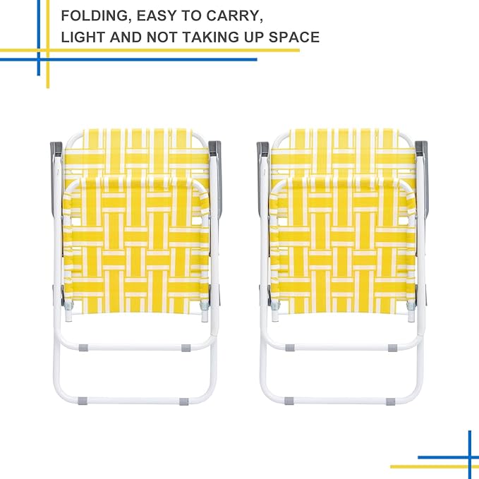 Folding Patio Lawn Webbed Chair Set of 2, Portable Outdoor Beach Chair for Adults, Camping Chair Steel Frame 300lbs Capacity for Yard, Garden Dining, Party, Picnic, Yellow