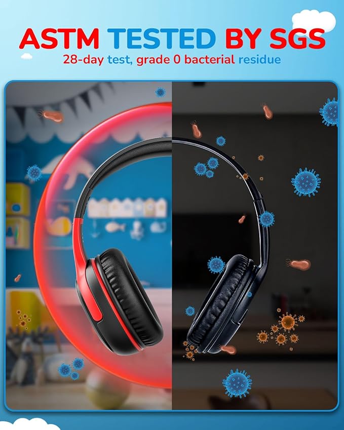 awatrue Kids Headphones for School Travel, 85/94dB Safe Volume Limit, 3.5mm Jack, HD Mic, Portable Wired Headphone with Shareport, Stereo Sound On-Ear Headphones for Toddler Kids Girls Boys BlackRed