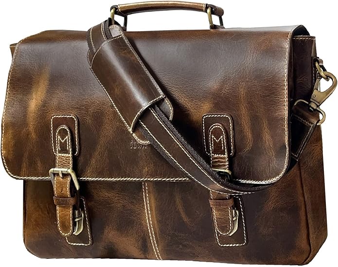 RUSTIC TOWN 16" Leather Laptop Messenger Bag for Men - Full Grain Leather Briefcase Computer Satchel Office Crossbody Bag