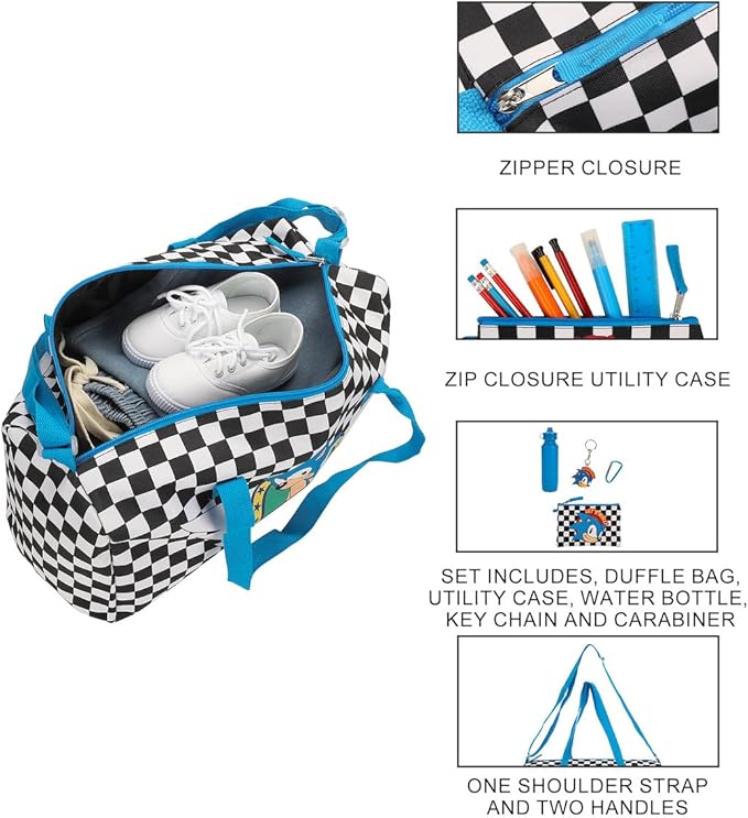 Sonic The Hedgehog Classic 5-Pc Duffle Bag Utility Case Water Bottle Key Chain and Carabiner