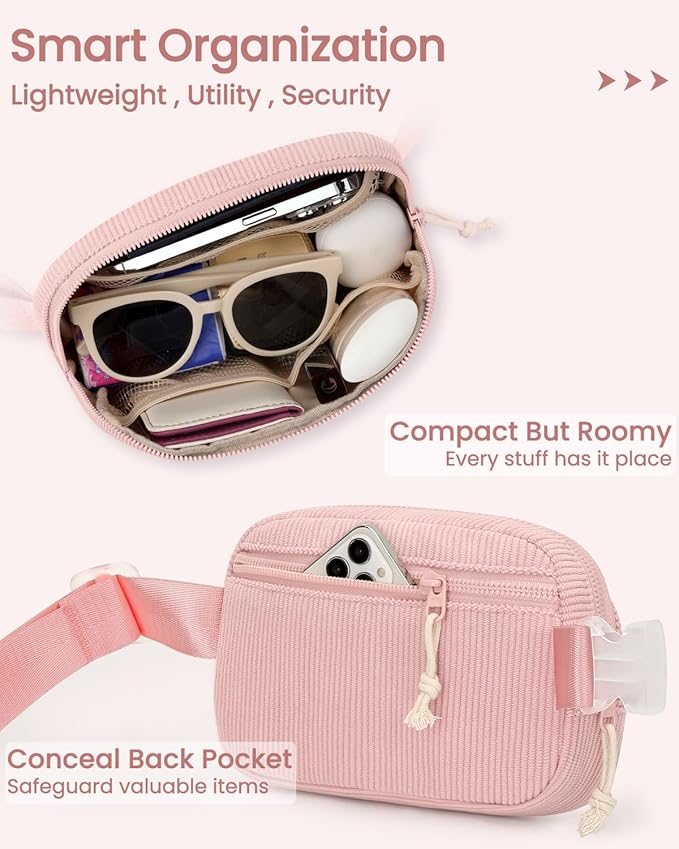 Vankor Pink Fanny Pack for Women Cross Body, Corduroy Pink Belt Bag for Women Crossbody Stylish Waist Pack Purse for Travel, Hiking, Workout, Running