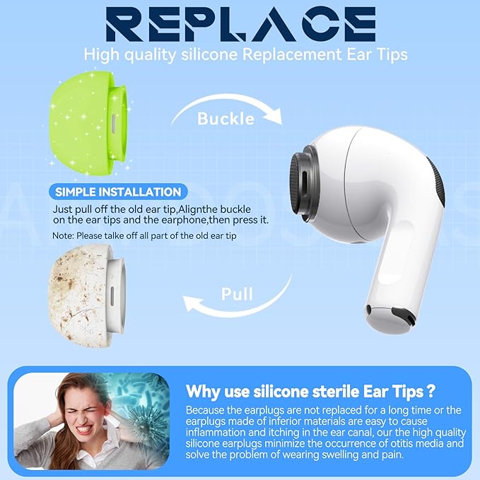 4 Pairs Replacement Ear Tips for AirPods Pro 2nd/1st Generation with Portable Storage Box & Cleaner Pen,Noise Reduction Holewith & Built-in dust Guard Screen,Silicone EarTips(Fluorescent Green)