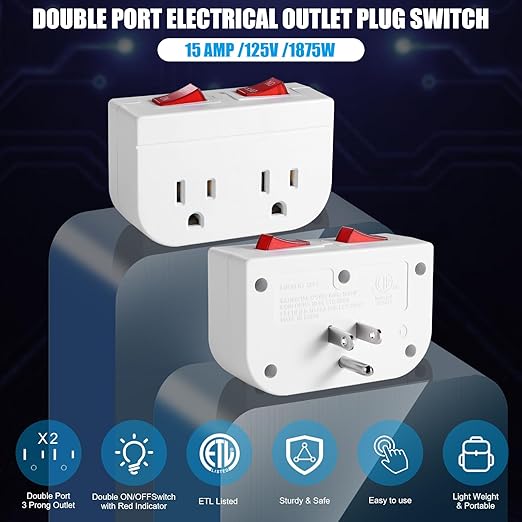 Grounded Outlet with Double ON Off Switch,VSEER 2 Port Electrical Outlet Plug Switch 15A 1875W / Wall Tap Adapter with Daul Red Indicator, ETL Listed (White 1-Pack)