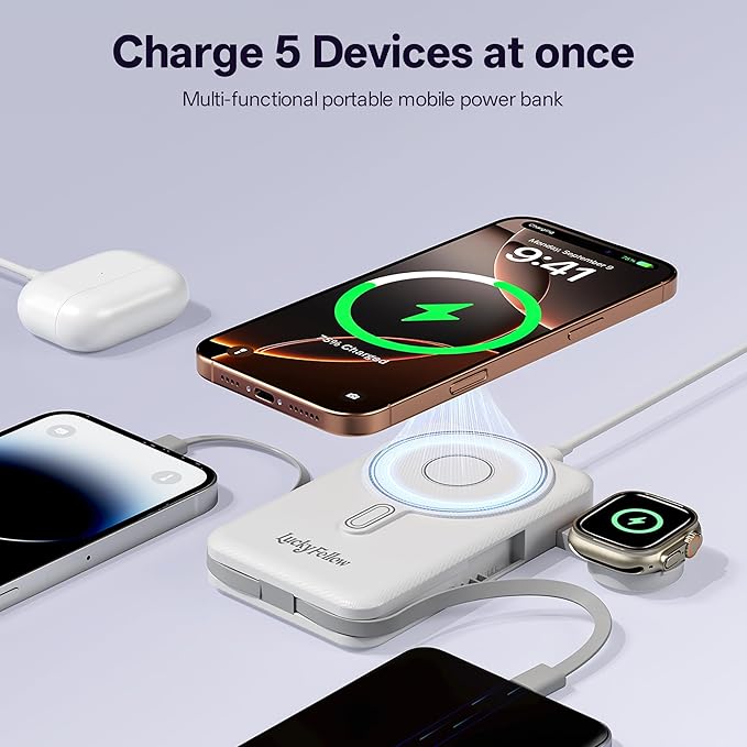 Magnetic Portable Charger Built-in Cables,10000mAh Fast Charging Wireless Charger Station External Battery Pack Slim Pocket Size Power Bank with Stand Compatible with iWatch, iPhone