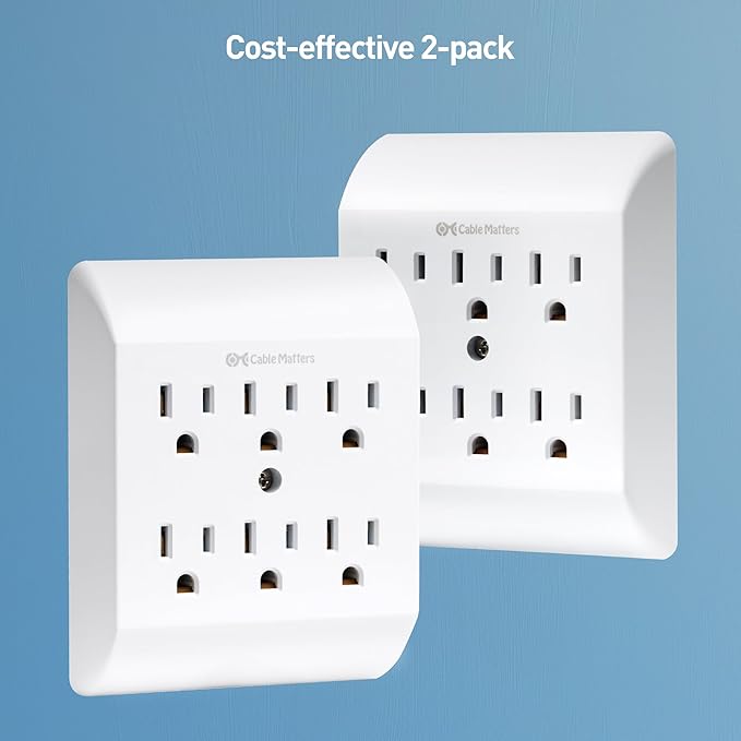 [ETL Listed] Cable Matters 2-Pack 6 Outlet Extender Wall Tap, 15A/1875W, Multi Plug Wall Outlet / 6 Way Plug Power Adapter
