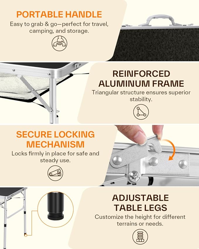 Sportneer Folding Table: Adjustable Height Camping Essentials 35.4" L x 23.6" W 2 Height with Mesh Layer - Compact & Portable Small Folding Table for Outdoor Camp Garden Picnic BBQ Dining Cooking