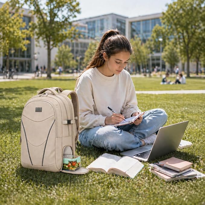 MATEIN HER Laptop Backpack for Women with Lunch Box Compartment, Water Resistant Work Backpack for Office Commute with RFID Pocket, College Computer Meal Prep Bag Fits 17.3'' Notebook, Khaki
