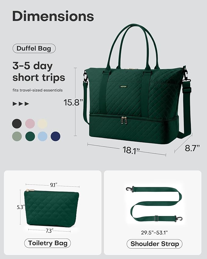 HOTOR Travel Duffel Bag - Weekender Bags for Women, Gym Tote Bags with Shoe Compartment, Carry On Overnight Bag with Toiletry Bag for Travel Essentials Travel Accessories, Dark Green, 15.8"×18.1"×8.7"