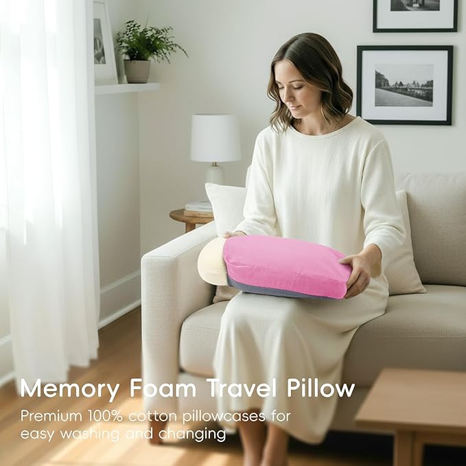 urnexttour 4-in-1 Travel Pillow & Blanket Set with Eye Mask, Memory Foam Neck Support, 50x65 Inch Blanket, Storage Bag for Airplane, Car, Train, Home Travel Pink