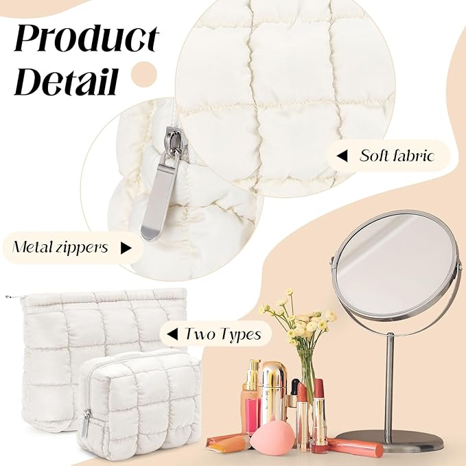 Huhumy 2 Pcs Puffy Makeup Bag Quilted Cosmetic Pouch for Women Cute Checkered Travel Toiletry Bag Puffer Makeup Organizer Purse Pouch Preppy Pencil Case with Zipper(White)