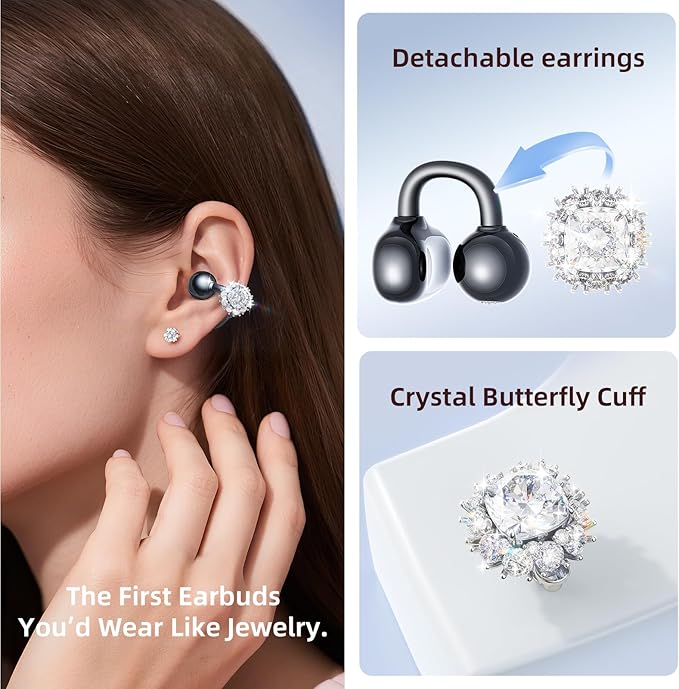 Kinglucky Jewelry-Inspired Clip-On Earbuds with Diamond Earrings, Comfortable Fit & 40H Playtime Open Ear Bluetooth 5.4 Wireless Headphones for Women, Small Ears, Sports & Workouts (Black)